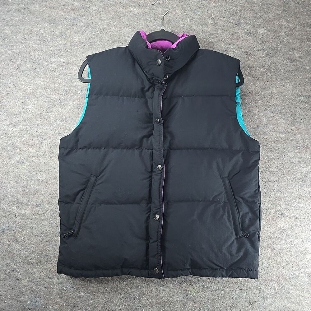 North Face Down Vest Vintage 90s Black Purple Turquoise Zip Snap Womens Sz M